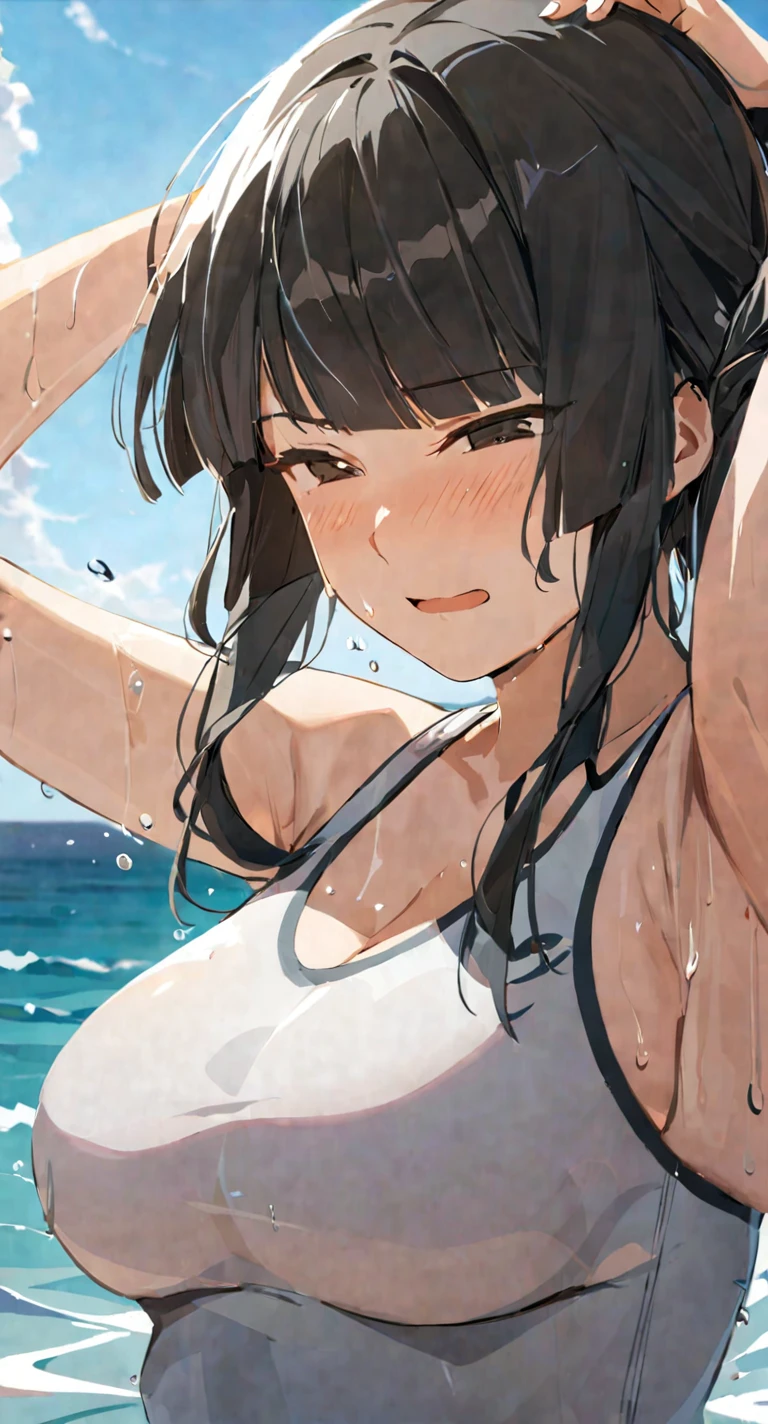 masterpiece,best quality, solo, eda, bangs, black hair, upper body,blue sky,cloud, shy expression, medium breast, hot, thicc, swimsuit , ocean, water, she is tying her hair, she is shy, embarrassed , she is embarrassed, dynamic pose, she is tying her hair, close shot, upper body, chubby, dynamic pose