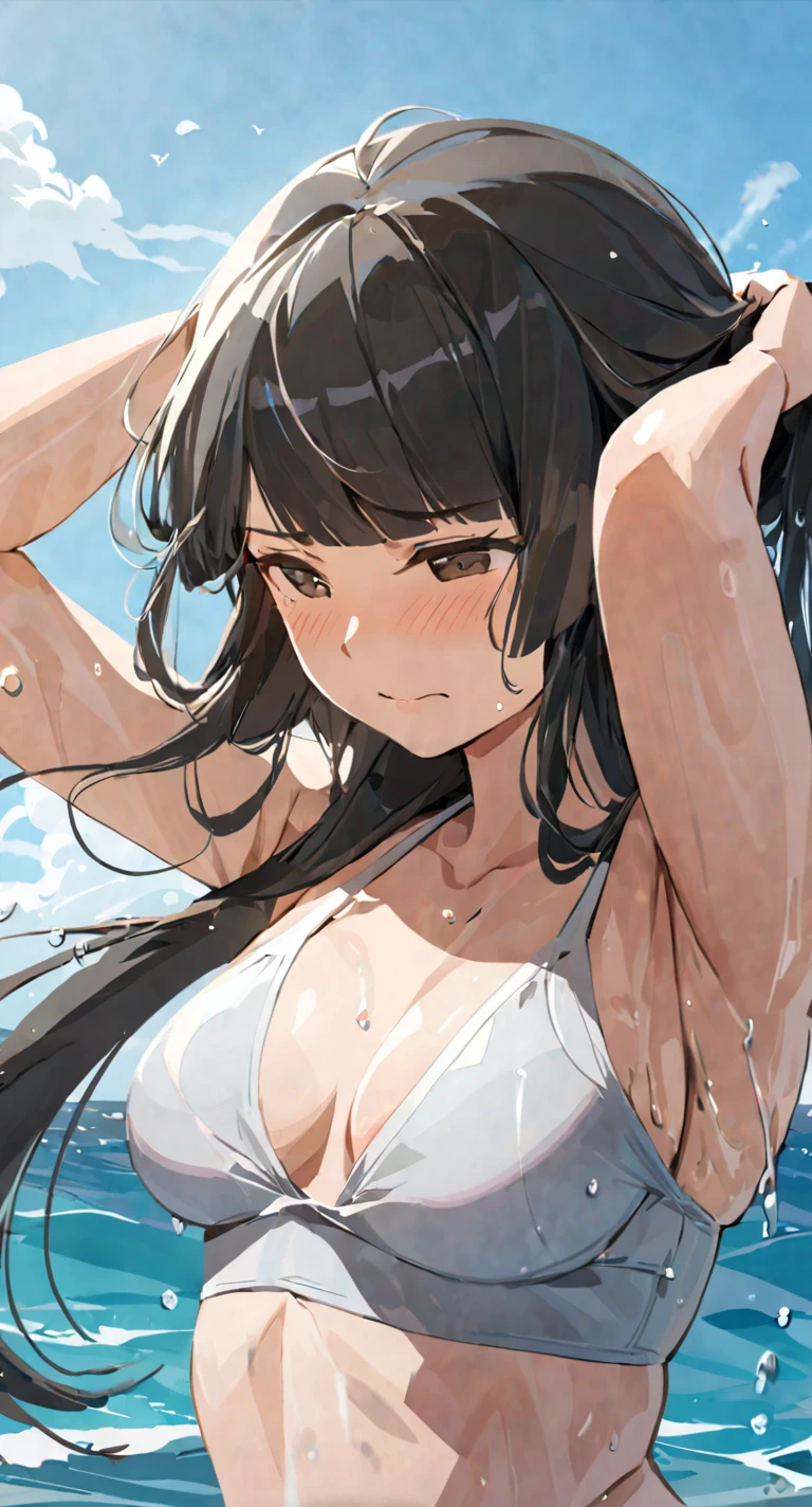 masterpiece,best quality, solo, eda, bangs, black hair, upper body,blue sky,cloud, shy expression, medium breast, hot, thicc, swimsuit , ocean, water, she is tying her hair, she is shy, embarrassed , she is embarrassed, dynamic pose, she is tying her hair, close shot, upper body, chubby, dynamic pose