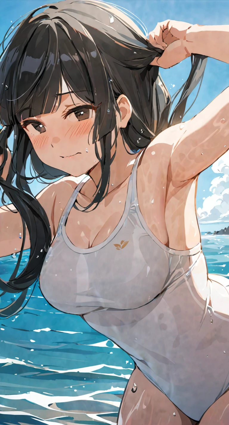 masterpiece,best quality, solo, eda, bangs, black hair, upper body,blue sky,cloud, shy expression, medium breast, hot, thicc, swimsuit , ocean, water, she is tying her hair, she is shy, embarrassed , she is embarrassed, dynamic pose, she is tying her hair, close shot, upper body, chubby, dynamic pose