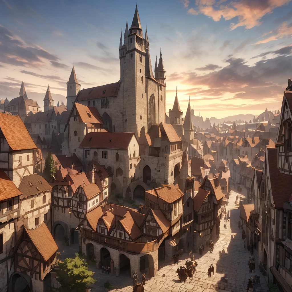 Medieval Fantasy Setting, Medieval city, thief humanity mediterranean characteristics, Brown hair and black armor