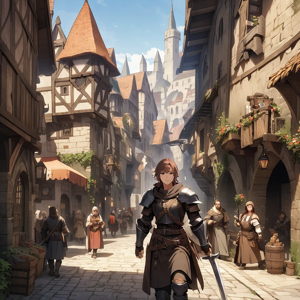 Medieval Fantasy Setting, Medieval city, thief humanity mediterranean characteristics, Brown hair and black armor