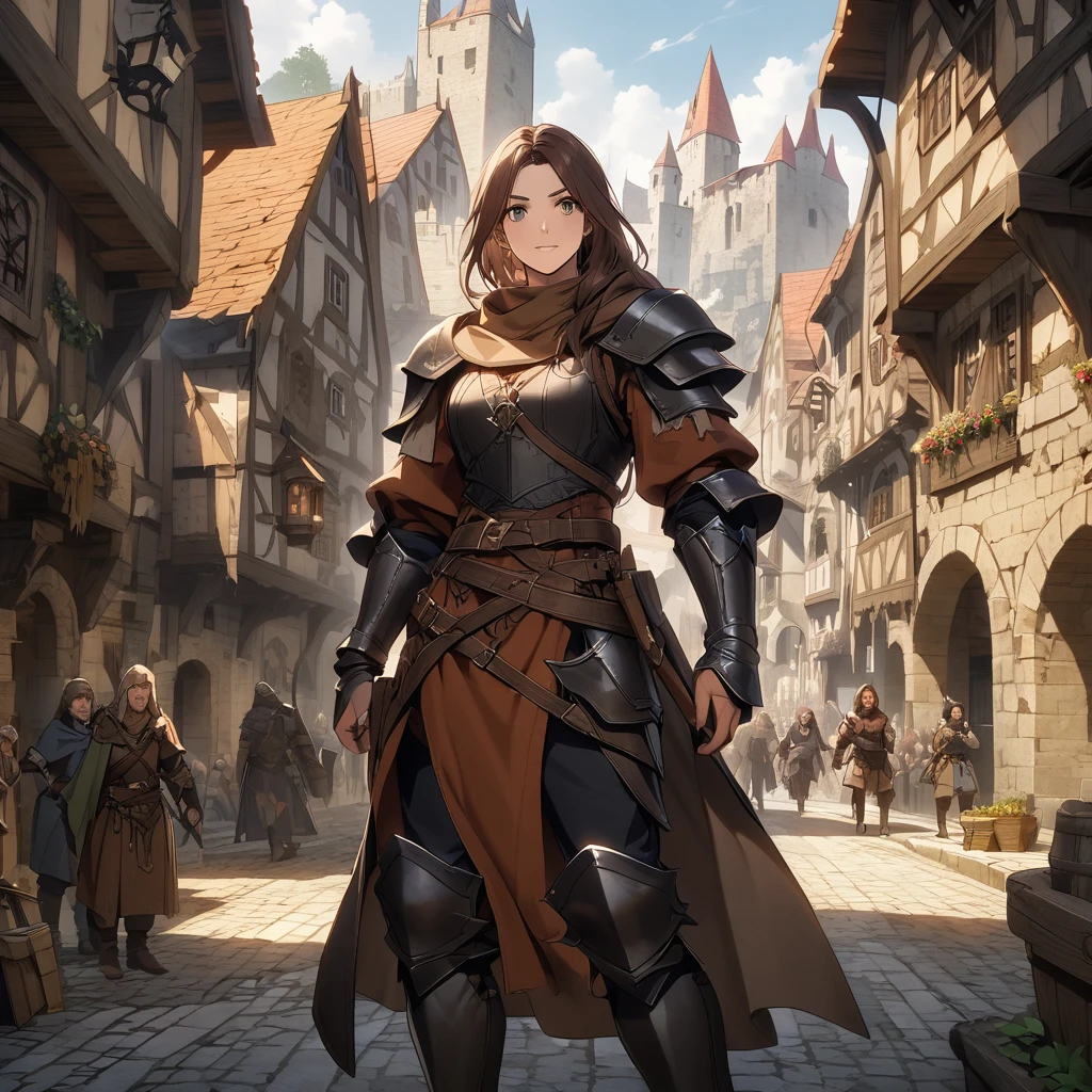 Medieval Fantasy Setting, Medieval city, thief humanity mediterranean characteristics, Brown hair and black armor