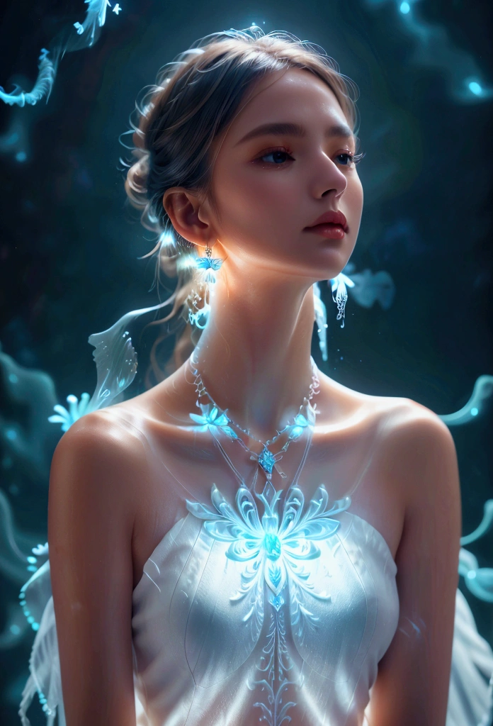 staring straight ahead, A flower made of cold, frozen light, Shiny beautiful earrings and necklace_Center close-up angle, Mysterious background with small particles of natural light emitting light, ultra high resolution, 8k, Very detailed details, Product detailed image, surreal photo, the greatest masterpiece:1.2, Glowing white smoke spreading in the air, aura,