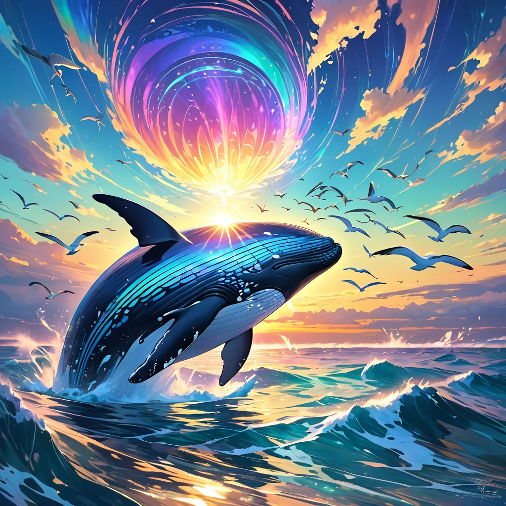 In the vast expanse of a serene ocean, a magnificent floating oracle whale emerges from the glistening waves. Its iridescent skin reflects the sunlight, creating a mesmerizing display of colors. Above, a flock of seagulls circles around, as the whale majestically glides through the water, carrying with it an aura of wisdom and magic.