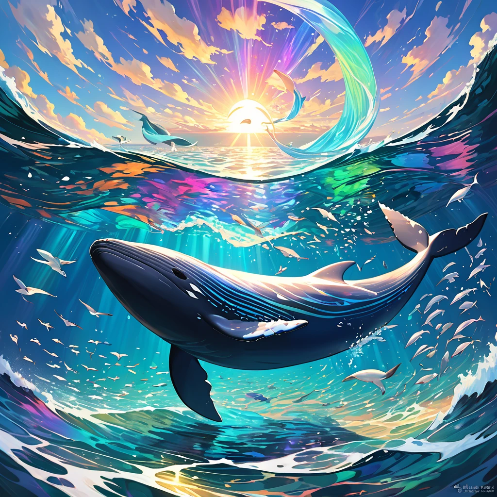 In the vast expanse of a serene ocean, a magnificent floating oracle whale emerges from the glistening waves. Its iridescent skin reflects the sunlight, creating a mesmerizing display of colors. Above, a flock of seagulls circles around, as the whale majestically glides through the water, carrying with it an aura of wisdom and magic.
