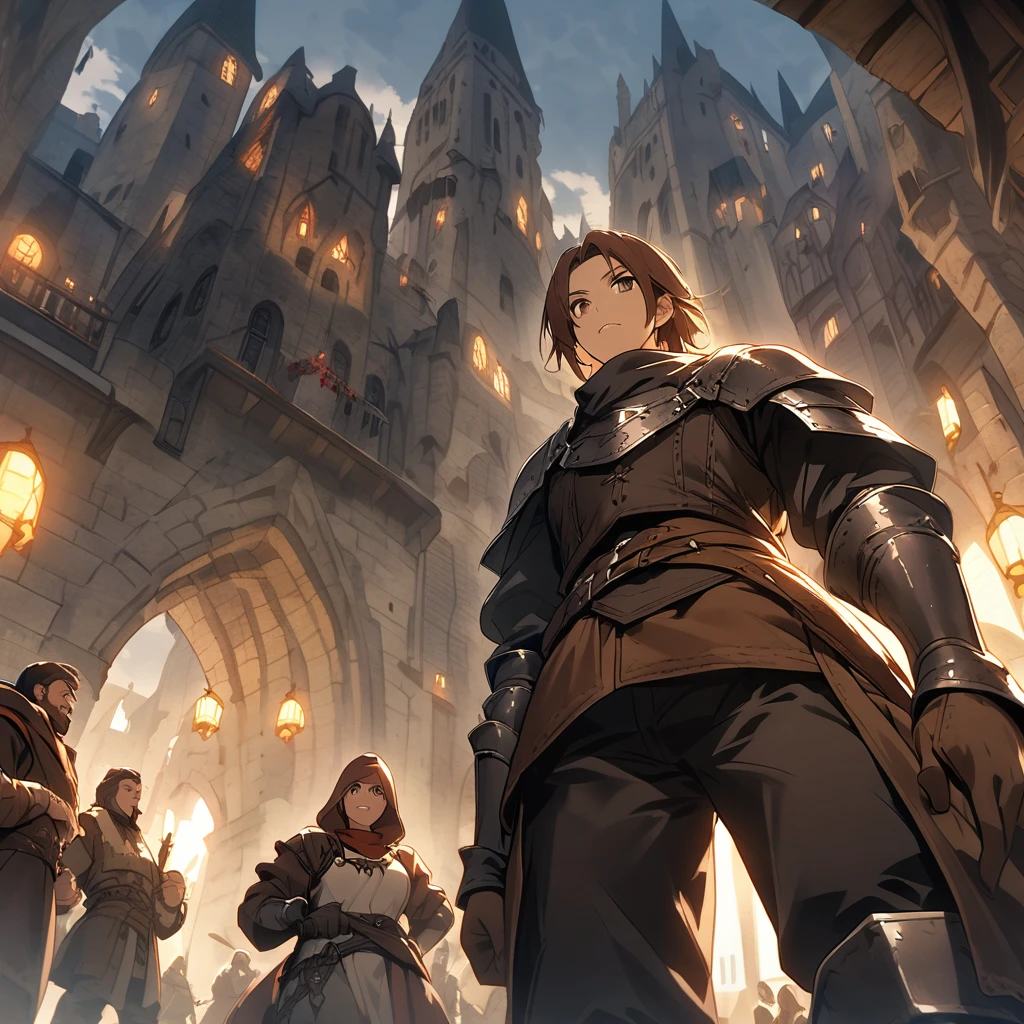 Medieval Fantasy Setting, Medieval city, thief humanity mediterranean characteristics, Brown hair and black armor、From below