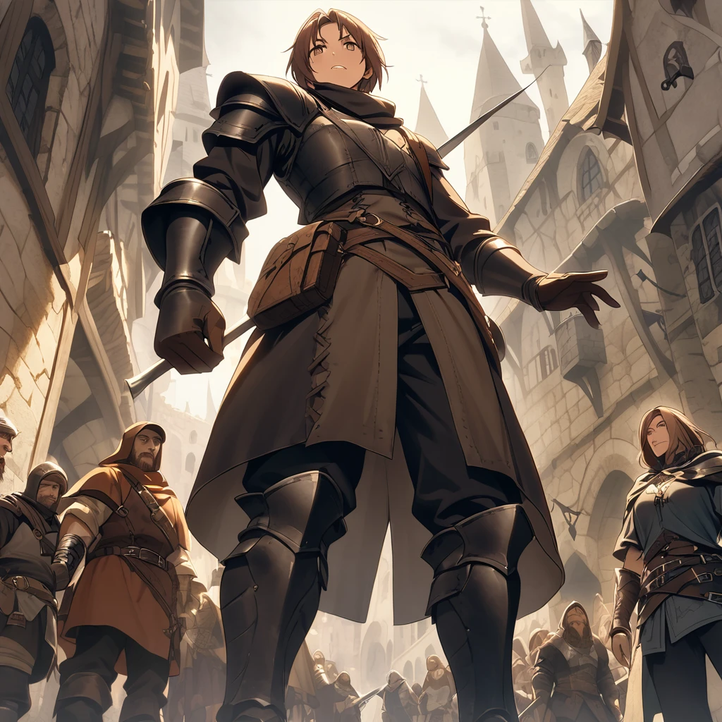 Medieval Fantasy Setting, Medieval city, thief humanity mediterranean characteristics, Brown hair and black armor、From below