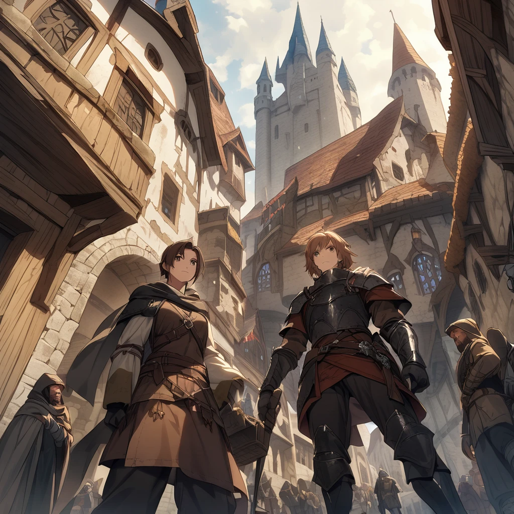 Medieval Fantasy Setting, Medieval city, thief humanity mediterranean characteristics, Brown hair and black armor、From below