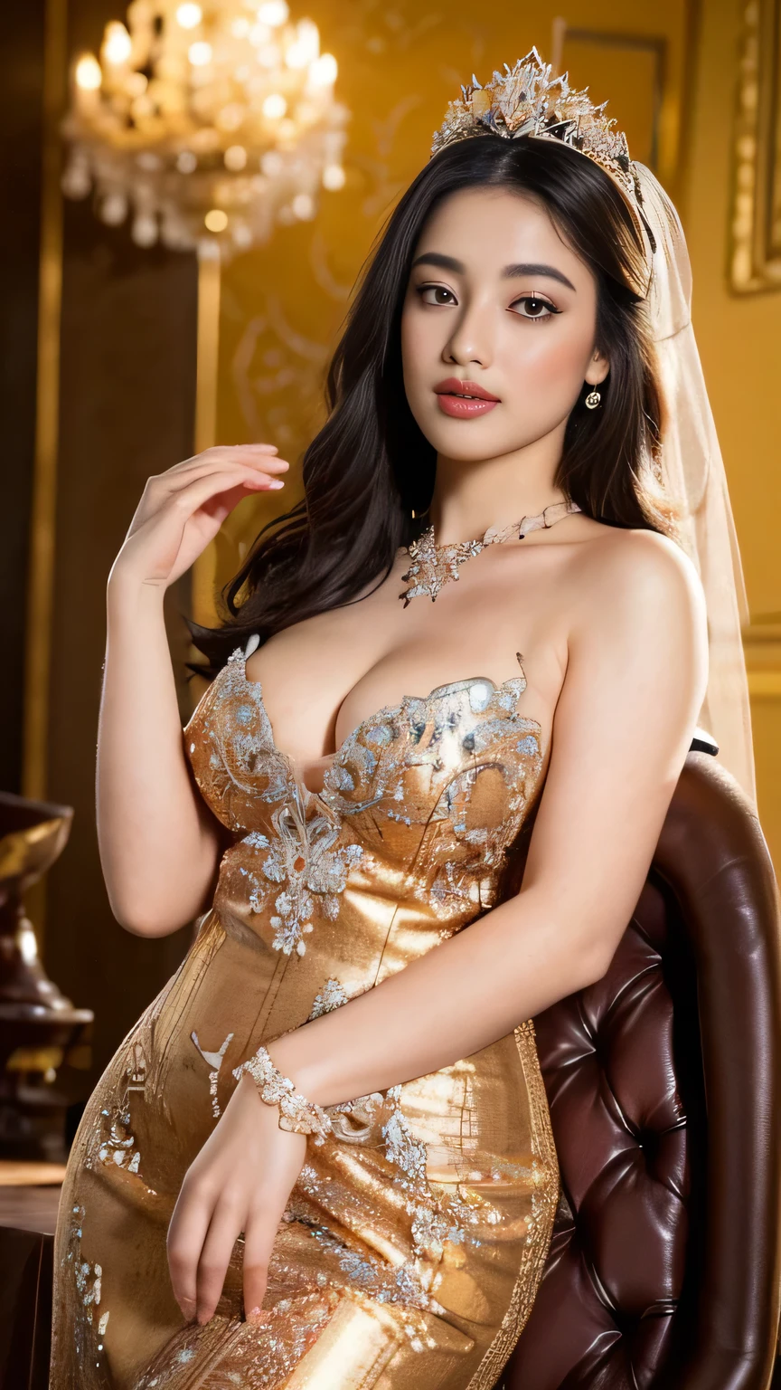 (best quality,4k,highres,masterpiece:1.2),ultra-detailed,realistic:1.37,beautiful and regal Javanese queen with hijab,dark and luxurious palace backdrop,beautiful detailed eyes and face,long eyelashes,voluptuous and curvy figure,exquisite jewelry and accessories,ornate and intricate patterned textiles,dazzling crown and royal attire,golden light illuminating the scene,vibrant and vivid color palette,soft and ethereal lighting,confident and alluring expression,graceful and elegant pose,serene and majestic atmosphere,rich cultural elements and symbols,meticulously captured body contours,subtle and tasteful sensuality,endless attention to every detail,romantic and dreamlike ambiance,artistic interpretation of beauty,stylish and sophisticated composition.