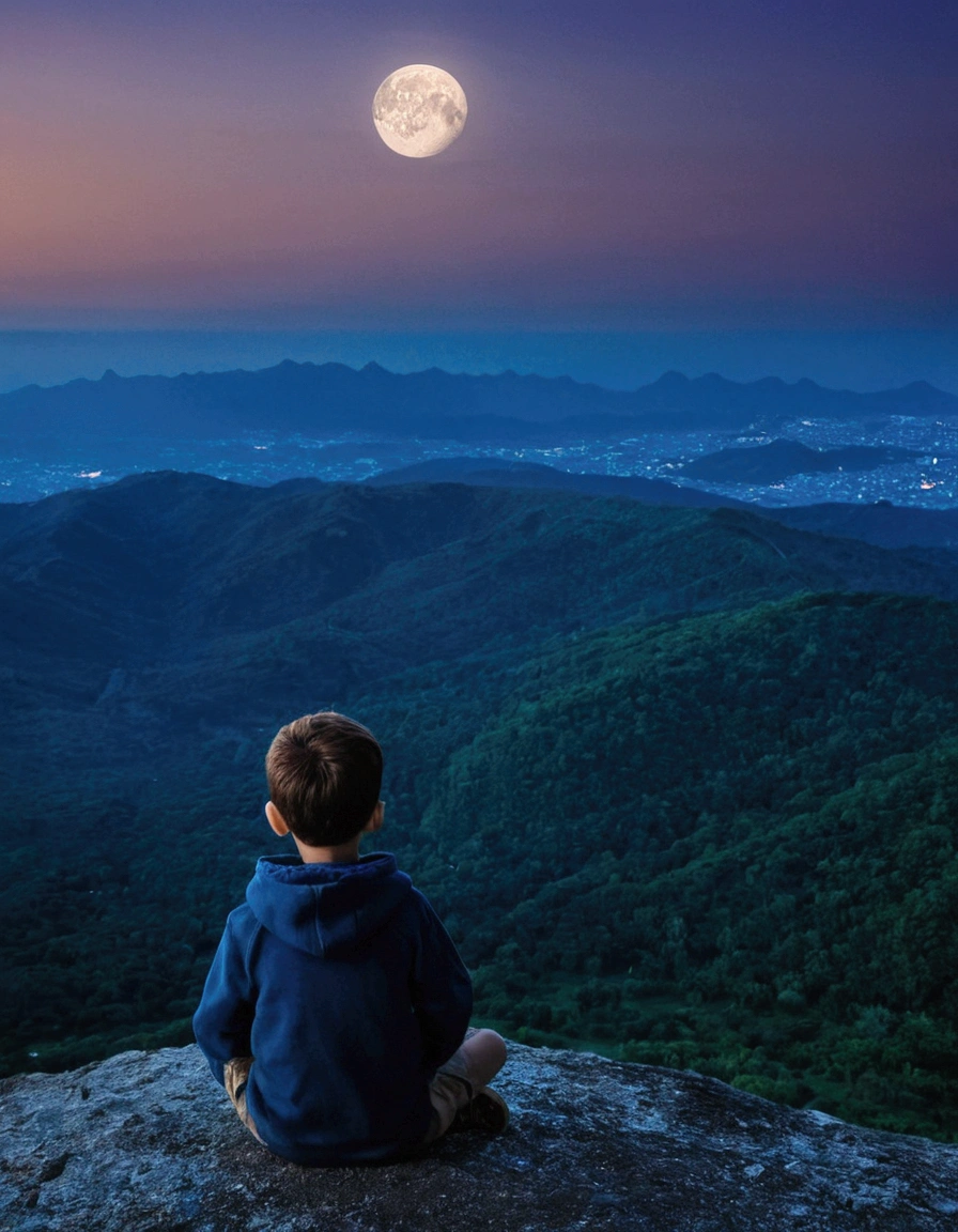 A boy watching moon at Night on the mountain