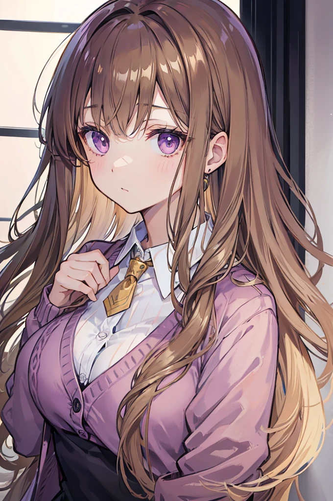 light brown hair, long wavy hair, portrait, girl, timid, gentleness, dark purple eyes, blouse, Cardigan, Earset, D cup, Short tie, Well-groomed bangs