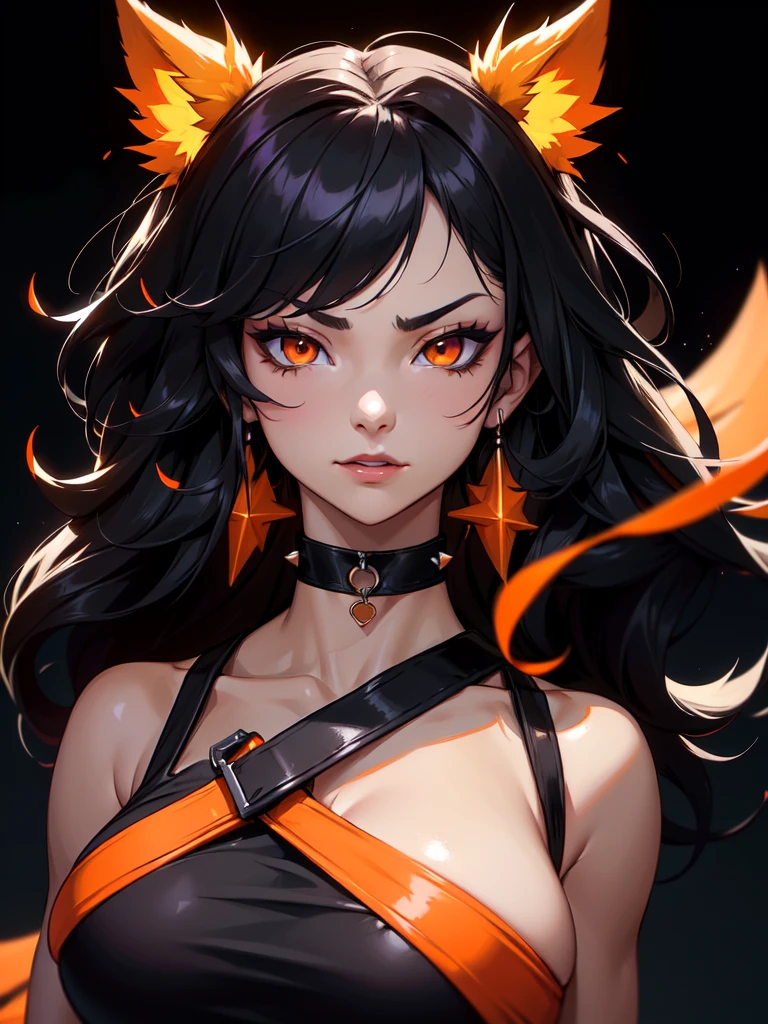 (((Portrait Photo))), She has a 12-Year-Old Half-Wolf Appearance, with a Small, Muscular Build, a Figure, and a Sassy Demeanor. She has Long, Raven Black, and Tousled Hair, Falling in Wild, Spiky Loose Waves, with Strands Covering Her Ears. Her Fiery Orange Eyes Sparkle with Joy and Mischief, Giving Off a Playful and Childish Attitude. She Wears an Orange-Black Swimsuit Bra, Paired with High-waisted Sweatpants, Accompanied by a Black Choker. (((High Quality, Dark Background))), (((Portrait Photo)))