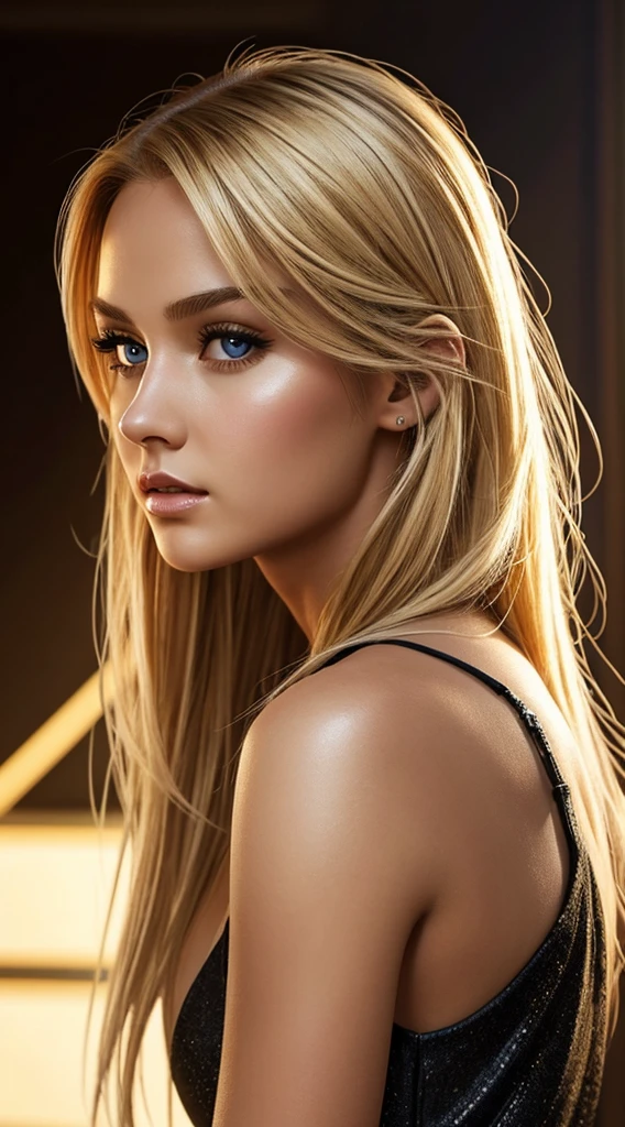 This character portrays a confident and alluring sexy beautiful woman, 22 years old, a thin fit body, big gray eyes, golden blonde hair, (realistic:1.3), hyper detailed, photorealistic, portrait, masterpiece, vibrant colors, natural lighting, cinematic composition, clad in a modern style black dress, side view