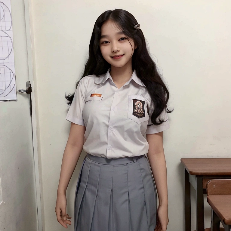 1 woman, 17 years old, black curly long hair, plump body, black eyes, Indonesian high-school uniform, white shirt, osis logo on shirt pocket, natural medium breasts, grey pleated skirt, full body shot, smiling, in the classroom.