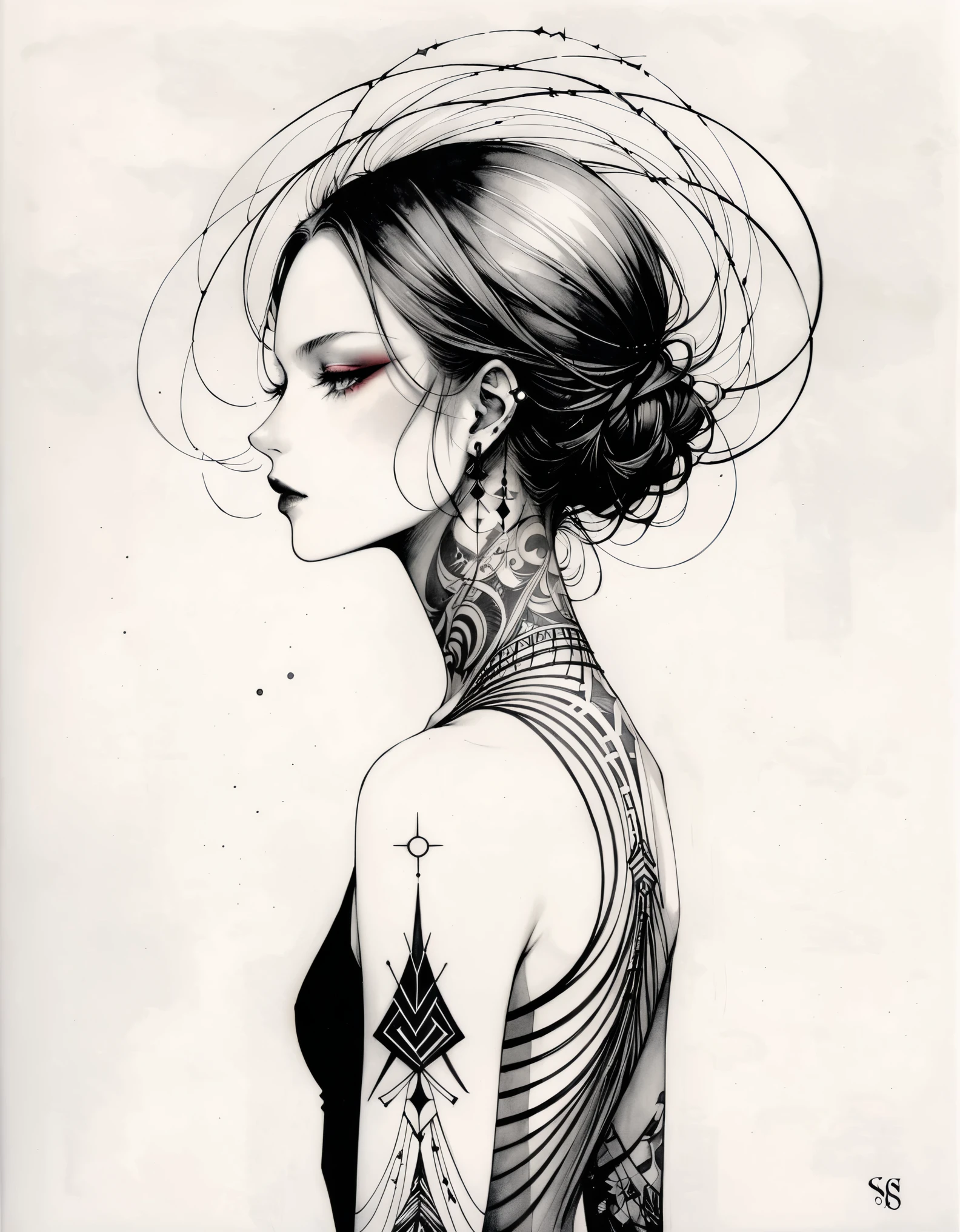 in style of Santiago Caruso，Minimalist Lines and Shapes，Tattoo Designs