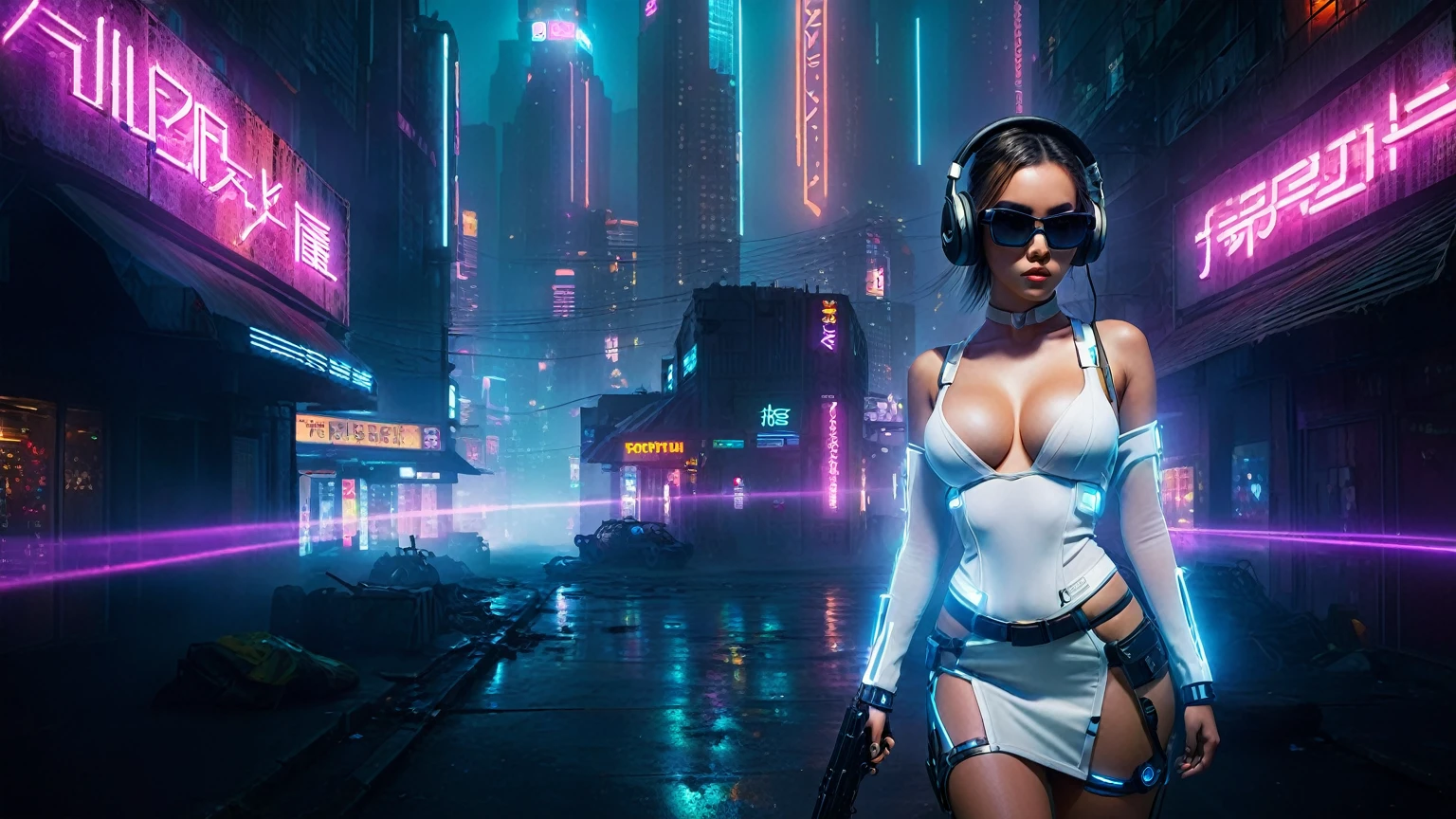 dark futuristic landscape, at night, neon lights, Atmospheric fog, large buildings in the background, futuristic city, streets with open shops, skyscraper (postapocalyptic city:1.3). (((1girl, solo, alone))), large-breast:1.2 slim body, cleavage:1.1, sexy miniskirt, (((headphone, black sunglasses, standing and holding pistol pose))), (((half-body thigh level medium shot))), cinematic lighting, lens flare, ray tracing.