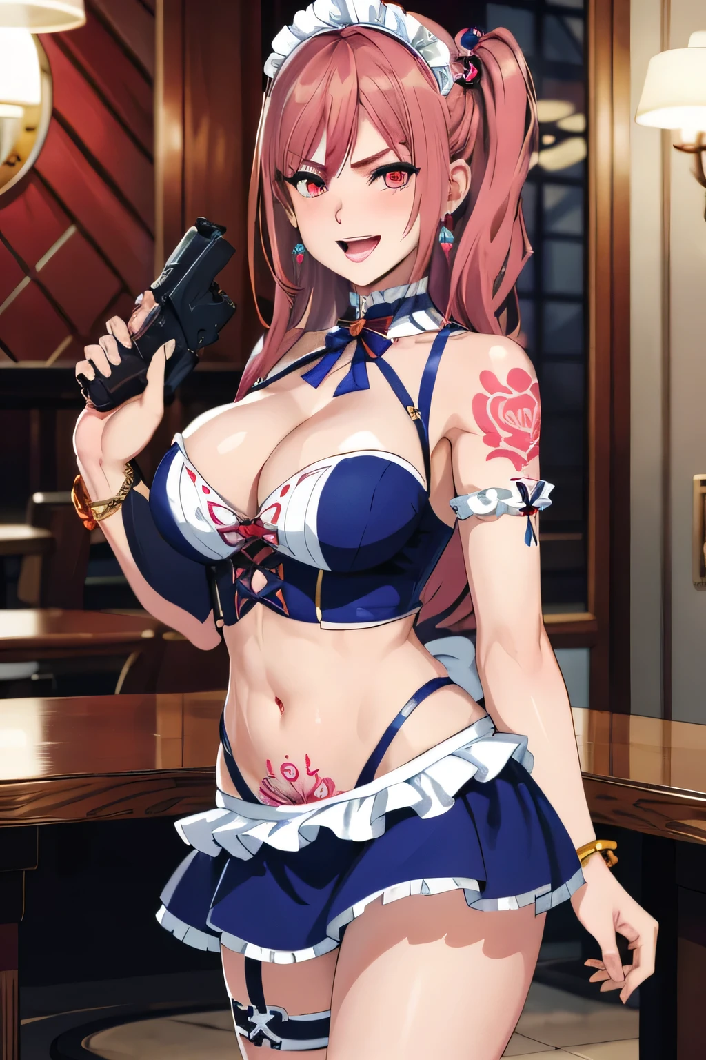 honoka, long hair, blush, lipstick, jewelry, earrings, Hot girl, baddie, staring, glaring,  bad attitude, mean girl, dare, angry, hate, crazy, hot, smoking, sexy,  sensual, slutty, attractive,  tattoo, e girl , blush, lipstick, jewelry, earrings, complex detailed background, casino environment, fancy interior environment, rich
interior, masterpiece, best quality, highly detailed, a anime girl in maid uniforms, holding pistol, maid
outfit, cleavage, evil smile, smile, open mouth ,ecchi anime style, anime girls, ecchi style, ecchi, digital
anime art!!, in anime style, official artwork, beautiful anime maid girl, anime
style 4 k, micro skirt, exposed belly, exposed navel, exposed midriff, exposed lower belly, holding a gun,