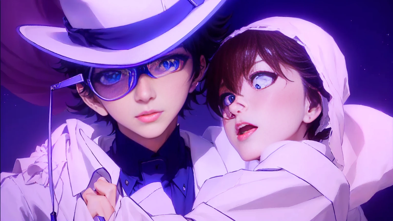 masterpiece, Highest quality, (非常に詳細な CG Unity 8k 壁紙), (Highest quality), (Best illustrations), (Best Shadow), Absurd, Realistic lighting, (abyss), Beautiful sparkle, Anime couple in white clothes and hats with blue eyes, Nick Silva and Ilya Kuvshinov, Anime movie screenshots, Persona 5 Phantom Thief Style, Today's featured anime is still, A still from the anime, 2 0 2 1 Anime, From the TV anime, 8k!, Anime stills, Persona 5 art style wlop, ( Evangelion )
