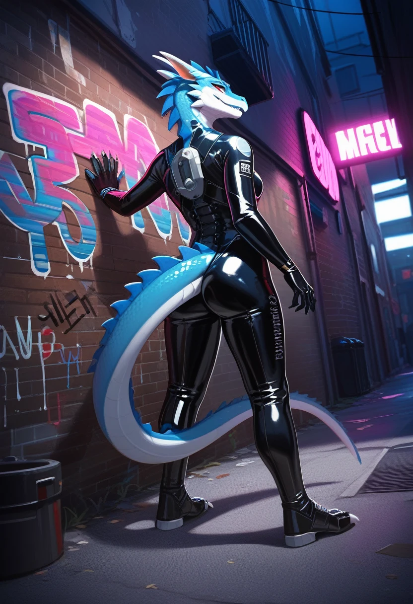 animation, Highest quality, Highest quality, High quality illustrations, masterpiece, Ultra-high resolution, Detailed Background, Alley, night, wall graffiti art, Absurd, Perfect Anatomy, performance, Good lighting, Shadows in the movies(kemono, Furry Personifi猫ion), Lizardman, Long dragon tail, Blueskin, Rubber Suit, latex, neon, neonライト, neonカラー, Bodysuits, Cyber Suit, Mech Suit, cyber punk, Put your hands on the wall, Stick your butt out, Dynamic Angle