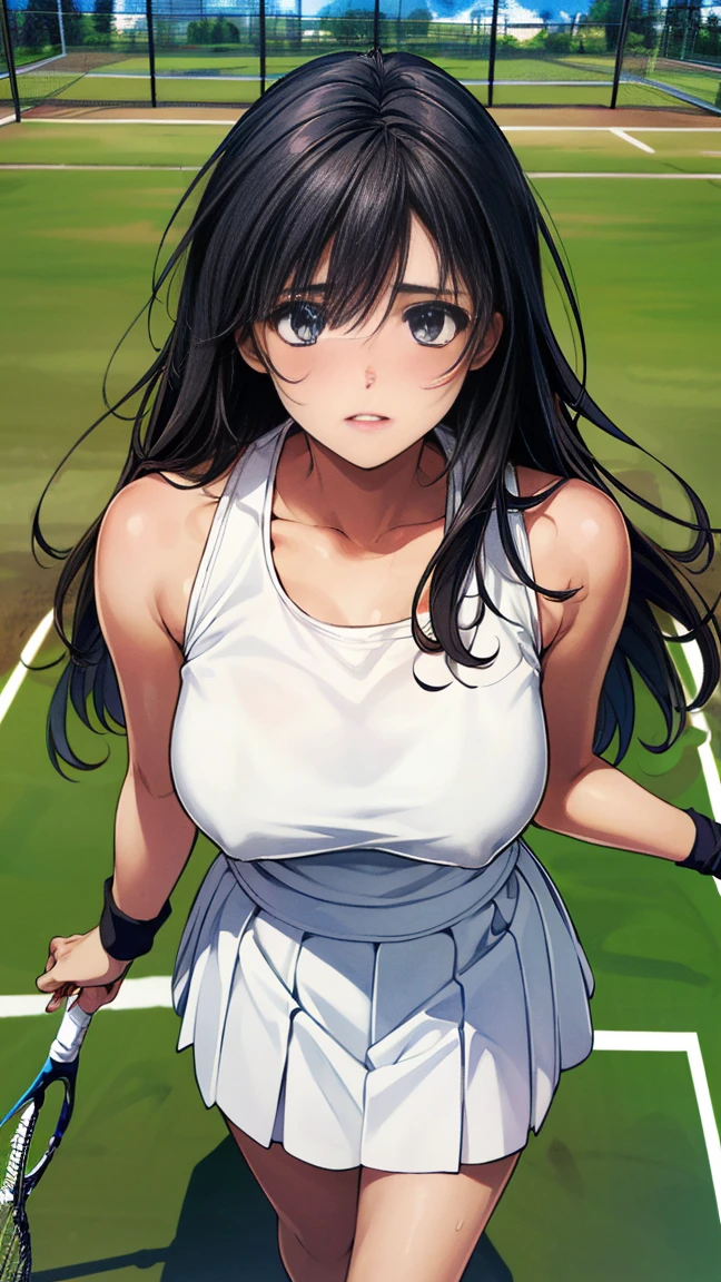 (masterpiece, Highest quality, Ultra-high resolution, Super detailed), (Realistic, photoRealistic:1.2), Beautiful illustrations, Perfect lighting, Natural light, colorful, Depth of written boundary, Browsing Caution, Vulgarity,
Beautiful detailed hair, Highly detailed face, Beautiful attention to detail, Beautiful clavicle, Beautiful body, Beautiful , Beautiful thighs, Beautiful feet, Beautiful fingers,
View your viewers, (From above), 1 girl, kitamurakaori, (Perfect Anatomy, Anatomically correct, Highly detailed skin), Cute and symmetrical face,
Perfect Face, Perfect Eyes, Perfect body, Perfect Fingers, (Skin Dentition), White skin, Glowing Skin,
(Long Hair, Straight hair, Messy Hair:0.6, Black Hair), Swept-apart bangs, blue eyes, Droopy eyes, Long eyelashes, (Large Breastsips, Captivating thighs), thin, outAre standing style,
(white tennis tank top, White tennis skirt, Blue tennis wristbands),
(Beautiful views), evening, (Tennis court:1.2), Are standing, (Obedient, Lips parted),