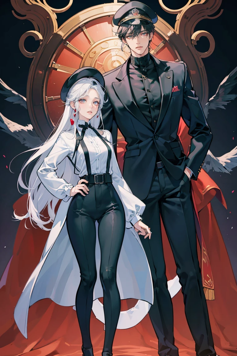 (masterpiece), best quality, seductive eyes, perfect face, handsome man, black eyes, long slicked back black hair, long nose, tan brown skin, black coat, black fitted pants, extremely tall man, long legs, long calves, full body, tall man, long legs, anime cover, ear piercings, hands in pockets, adult-like look, cafe background, a girl is in his left side, 1girl, perfect face, best quality, seductive eyes, mature woman, red eyes, long white hair, black business suit, black pants, peaked cap, big breast, anime cover