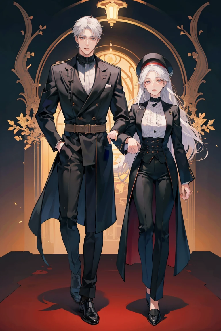 (masterpiece), best quality, seductive eyes, perfect face, handsome man, black eyes, long slicked back black hair, long nose, tan brown skin, black coat, black fitted pants, extremely tall man, long legs, long calves, full body, tall man, long legs, anime cover, ear piercings, hands in pockets, adult-like look, cafe background, a girl is in his left side, 1girl, perfect face, best quality, seductive eyes, mature woman, red eyes, long white hair, black business suit, black pants, peaked cap, big breast, anime cover