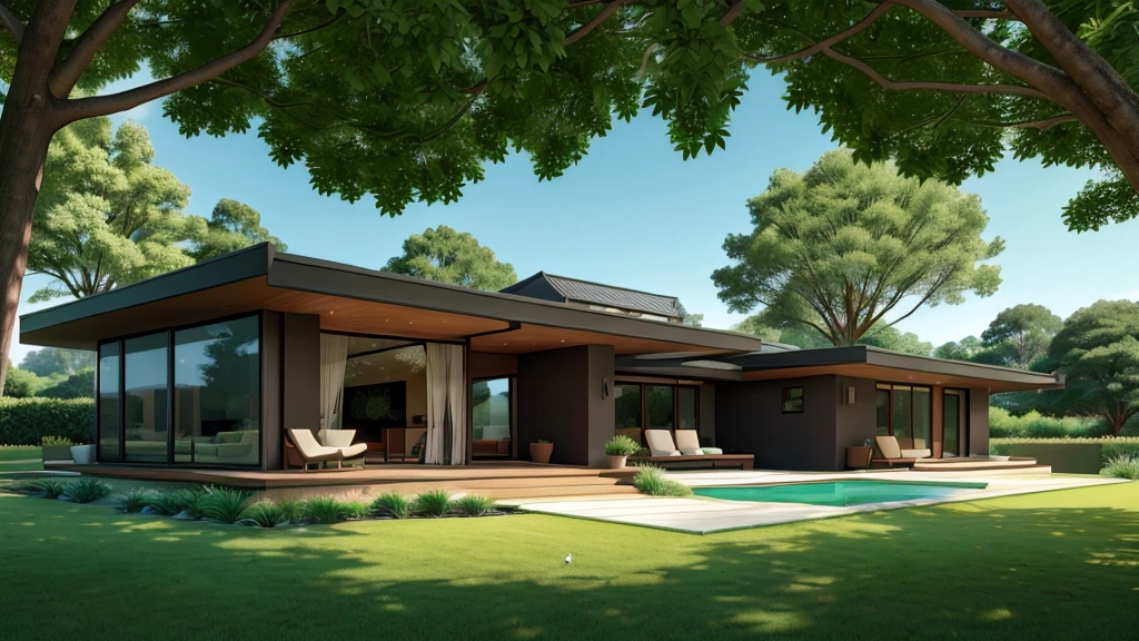 Modern, single-storey, luxurious house., Looks like the letter L, curved,It looks like a room.,medium sized back,beautiful,On the dark green grass,Shady atmosphere,,Daytime,Photo taken from an angle of 45