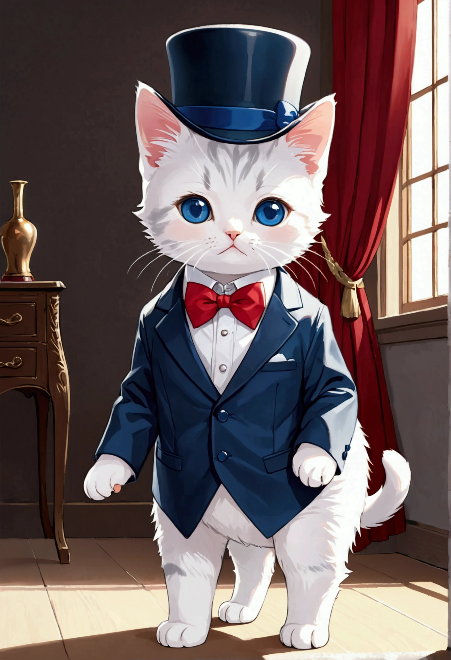 Kitten standing like a human, Wearing a dark blue tuxedo，Wearing a dark blue silk hat,Wearing a red bow tie、 Lovely, small, , Big Head, Very detailedイラスト, (best quality), (masterpiece:1.3), (photoPractical:1.36), (Practical), Very detailed