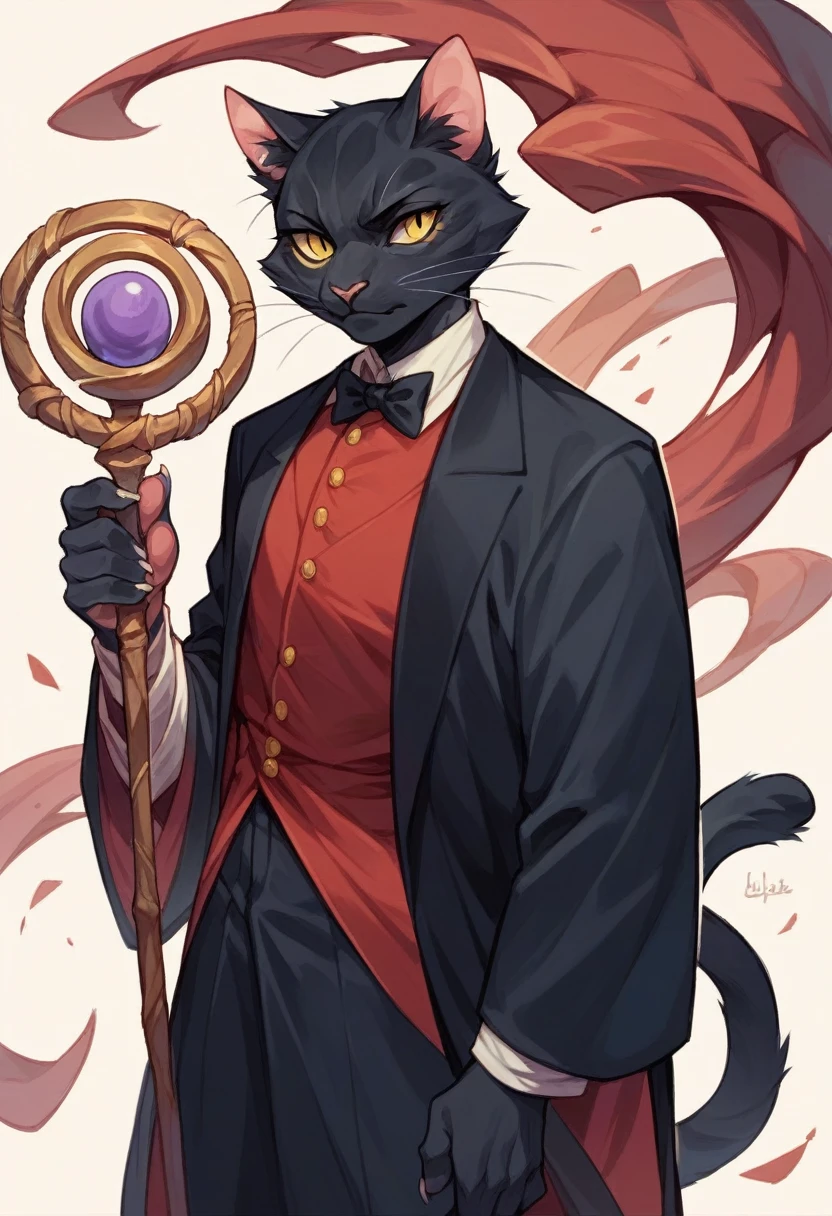 Furry,Solo female,Tuxedo cat,Black hair,yellow eyes,A staff in hand,A black robe,A red stone,A lilac color kimono