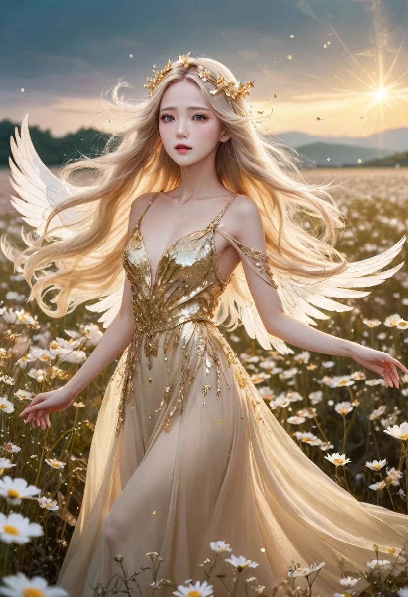 Beautiful Goddess、woman with mysterious look、Feminine Style、Golden eye colour、Golden dress fluttering in the wind、Long milky beige hair fluttering in the wind、Women are shining、Glittering hair accessories、Big white wings、Fantasy、glittering accessories、The moment when I descended from the sky into a flower field、Dazzling light from the sky、
