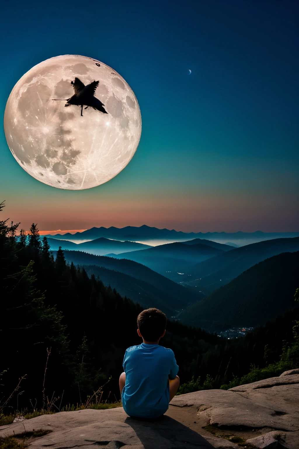 A boy watching moon in the night, on the mountain