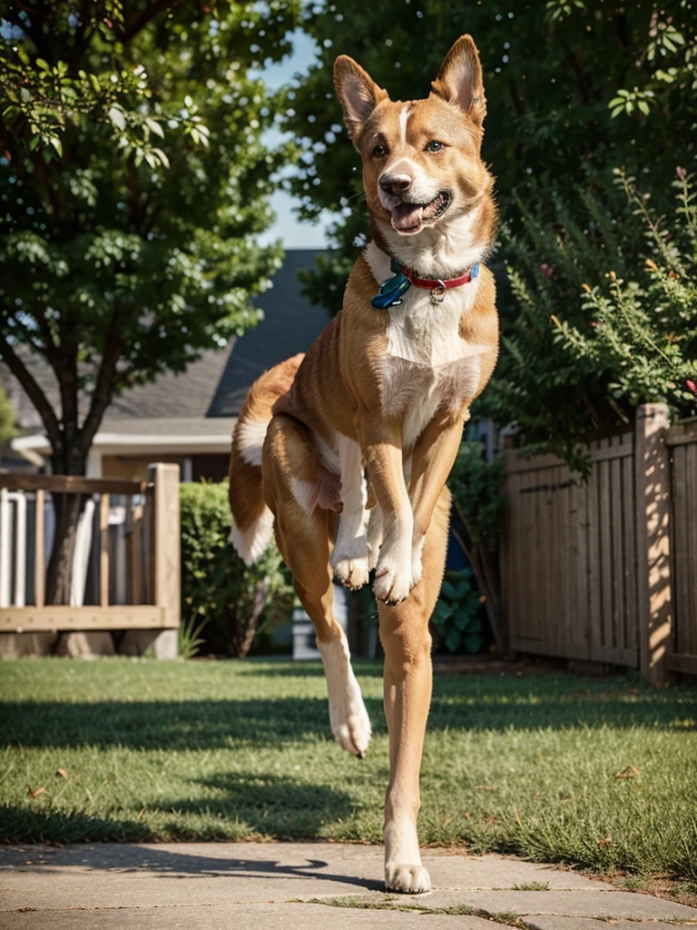 Create an image of a dog walking on its hind legs. The dog should be in a confident and balanced pose, with its front legs slightly bent and lifted as if in motion. The background should be an outdoor setting, such as a park or a neighborhood street, with clear details of trees, grass, and a pathway. The dog should have a happy expression, with its ears perked up and a playful demeanor. Ensure the fur texture and lighting are realistic, highlighting the dog's movement and joyful spirit. The overall scene should be lively and engaging, capturing the fun and uniqueness of a dog walking on two legs.