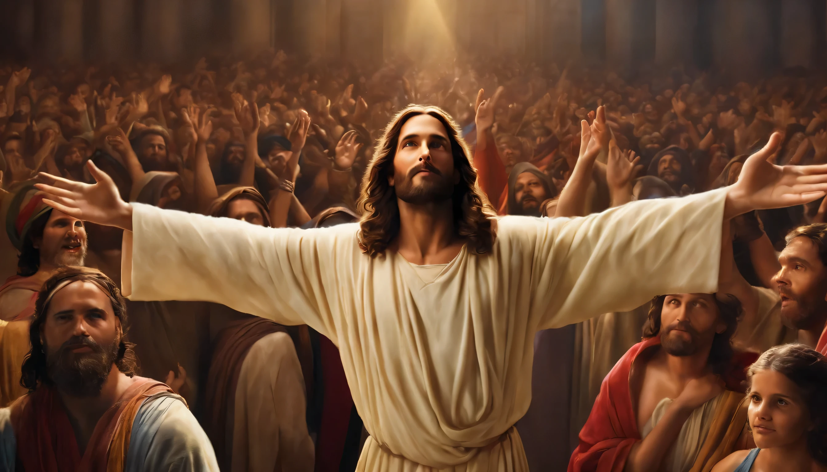Realistic image of Jesus ,With the crowd behind