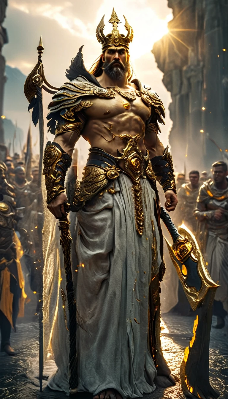 Cronus, man, Tall, Muscular, Long beard, Crown, Robes, Staff, Fierce eyes, Scars, Ancient armor, Golden accessories, Cronus Leading the Titans,
Marching, battlefield, dusk, dramatic lighting, dynamic,dramatic,cinematic,highly detailed,4k,realistic,photorealistic,professional lighting,chiaroscuro,dark,gritty,grunge,powerful,intense,epic