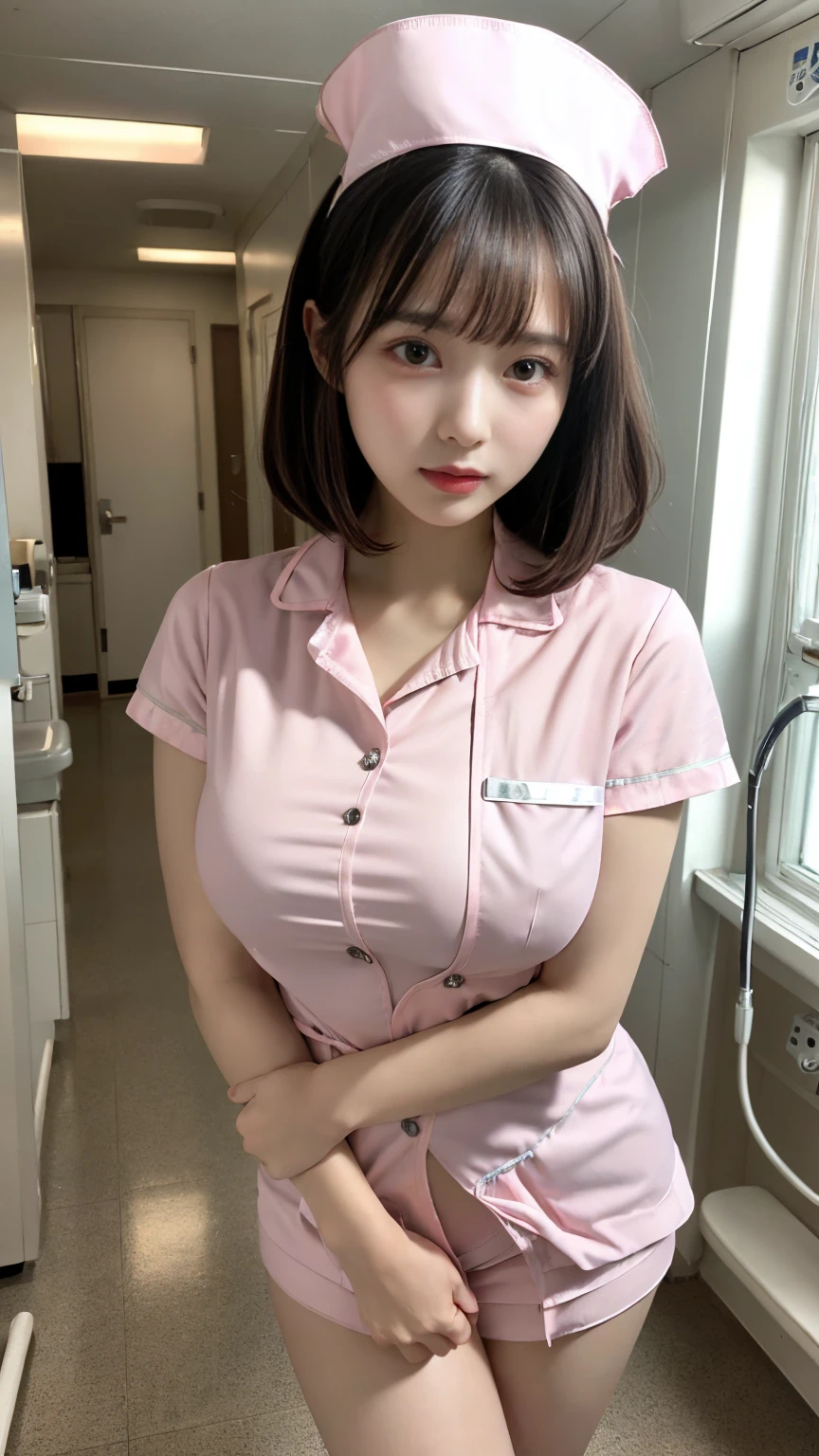 masterpiece, best quality, illustration, Very detailed, Fine details, high resolution, 8K,wallpaper, Perfect dynamic composition,(Detailed information high quality, Realistic eye depiction:1.3), Black hair, Natural color lipstick, Bold and sexy pose, A little crying, Harajuku style、20 year old girl、Cute、Lolita、Beautiful legs, Idol carving, Greasy shiny thighs、(The perfect pink nurse outfit:1.5)、Pink、short hair、Bounce Hair、Beautiful sister、(Hospital:1.2)、Night view、Ward、floor、Standing, Beautiful big breasts、跪在floor上