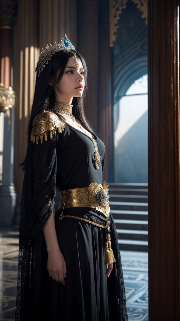 "A highly detailed and photo-realistic illustration depicting the final moments of Semiramis as she faces the betrayal of her only son, Ninyas. Semiramis has long black hair and blue eyes, wearing ornate and elaborate armor and a blue crown. She is in a vulnerable yet dignified pose, reflecting her final moments. Ninyas, a young man with short black hair, stands nearby with a determined and resolute expression, wearing ornate and elaborate armor. The background shows an ancient palace interior, with elements of grandeur and tragedy. The scene should have realistic lighting, shadows, and textures, capturing the intense emotions and the tragic end of Semiramis."