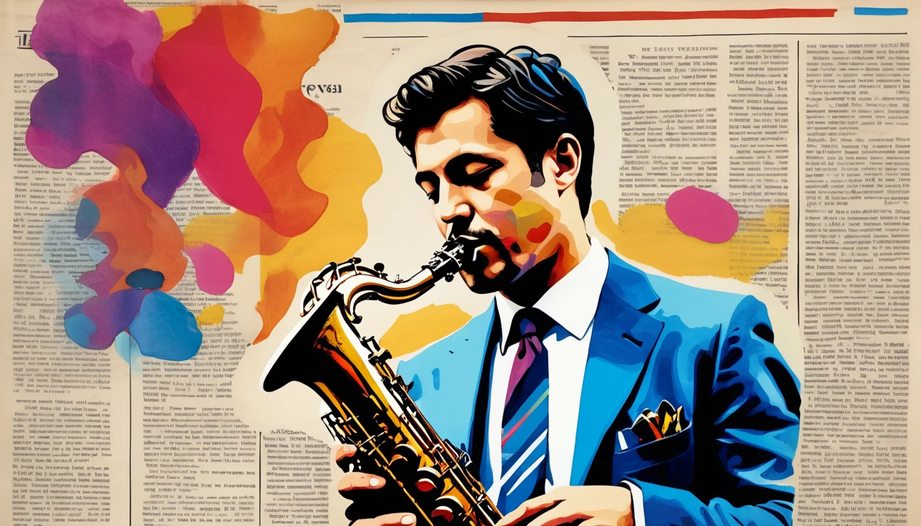 (Ink on newspaper in the style of Louis Jober:1.5), Tenor saxophone player、Naples, Vesuvius, Imagine an artistic movement in which portraits vividly express the inner thoughts and feelings of their subjects.。, Changing patterns of color and light