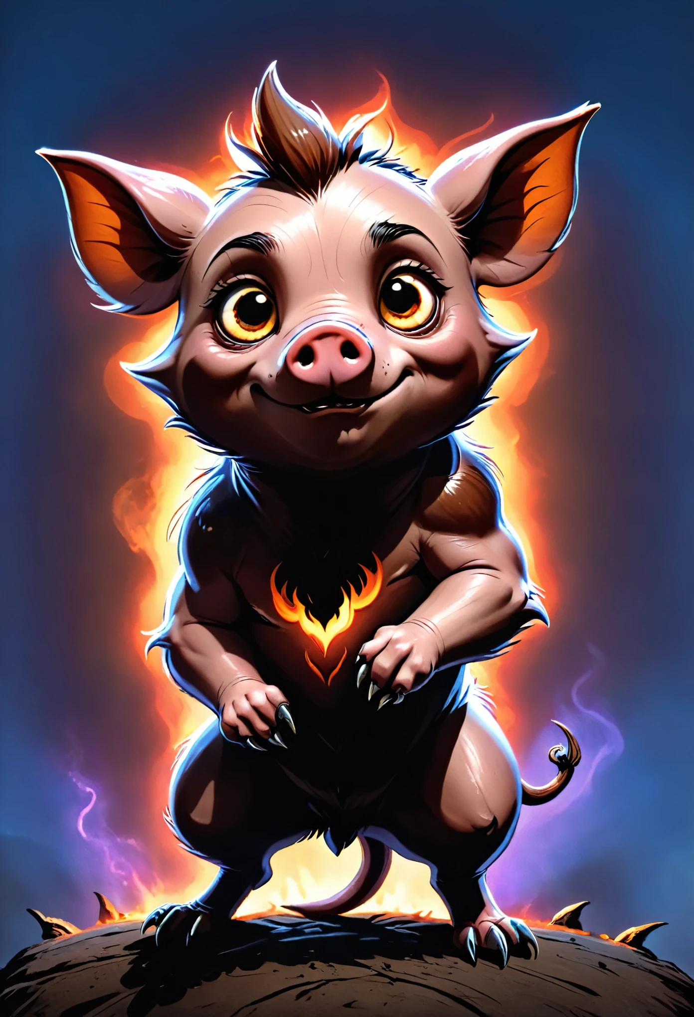 CHERT, crap, (slavic small evil folkloric spirit like little devil), full body shot, ultra detailed pig nose, brown fur, 2 small corns, long tail, detailed perfect eyes, cover, fantasy aura, retro aesthetic, dark epic atmosphere, realistic photo, colorfull, hyperdetailed, cinematic, dramatic light, intricate details, natural hires texture, hyperrealism, hdr, depth of field