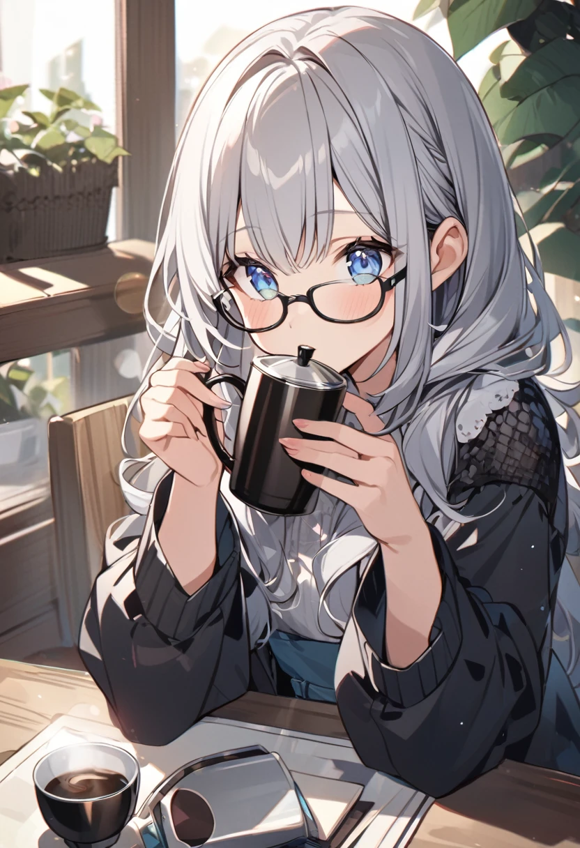 Aromatic coffee、One Girl、Gray Hair、cute、Black glasses、Blue Eyes