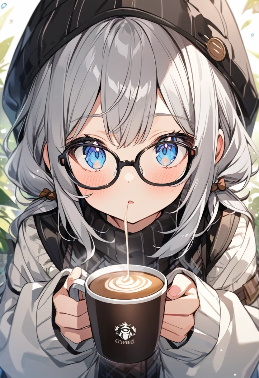 Aromatic coffee、One Girl、Gray Hair、cute、Black glasses、Blue Eyes