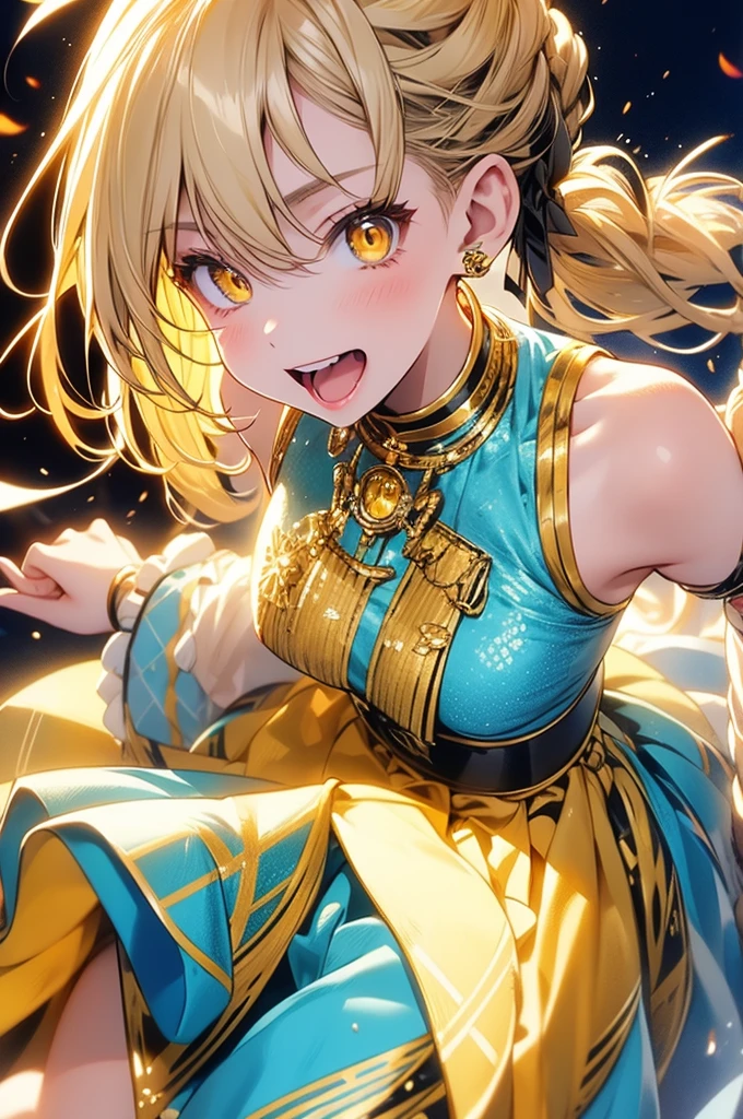 Blonde、Yellow Eyes、ponytail、Idol、Fluffy skirt、dance、Color: Blue