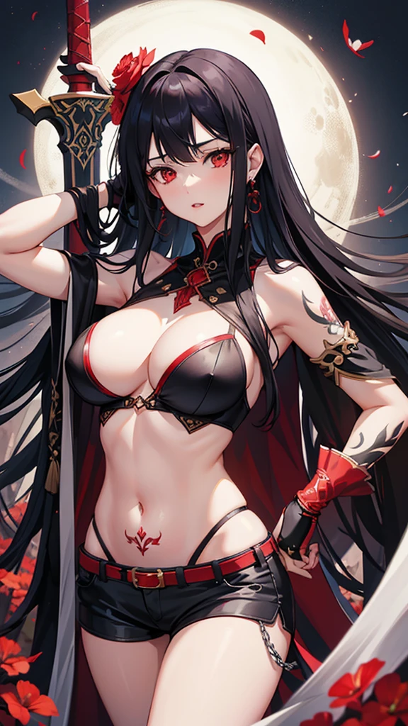 1girl, red_eyes, flower, solo, long_hair, breasts, weapon, flower_over_eye, tattoo, gloves, navel, sword, large_breasts, looking_at_viewer, white_hair, hair_ornament, chain, hair_flower, red_flower, jewelry, bare_shoulders, cleavage, black_gloves, parted_lips, shorts, bangs, earrings