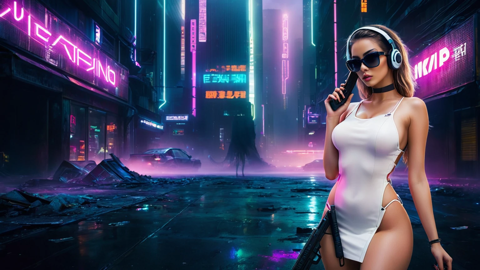 dark futuristic landscape, at night, neon lights, Atmospheric fog, large buildings in the background, futuristic city, streets with open shops, skyscraper (postapocalyptic city:1.3). (((1girl, solo, alone))), large-breast:1.2 slim body, cleavage:1.1, sexy miniskirt, (((headphone, black sunglasses, standing and holding pistol pose))), (((half-body thigh level medium shot))), cinematic lighting, lens flare, ray tracing.