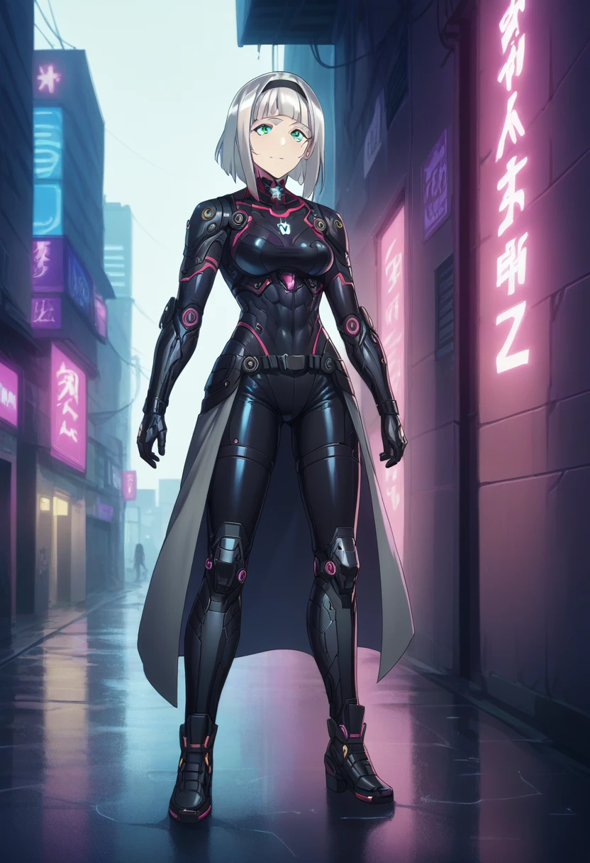 Anna nishikinomiya with the same body as a woman but only with armor that covers her entire body, has a (black robotic armor) turned into a Cyborg, of the shoulders and torso, to the legs and feet, full body armor Cyborg, in a raining alley of a cyberpunk city 