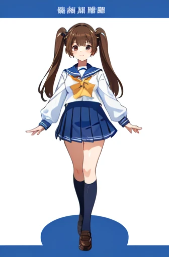 A photo showing her from her thighs to her head、Standing facing forward、One  Girl、uniform、Sailor suit、Pleated skirt、Brown Hair、Brown eyes、Twin tail hair、Young face、 figure、White background