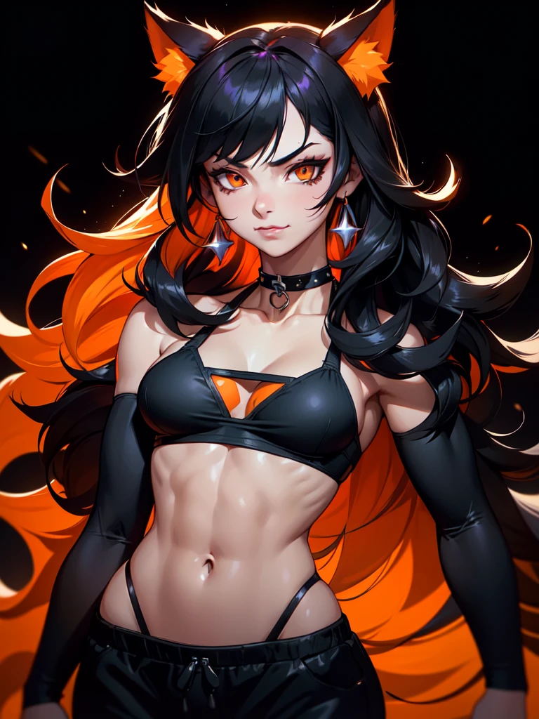 (((Portrait Photo))), She has a -Yeld HaWolf Appearance, with a Small, Muscular Build, a Figure, and a Sassy Demeanor. She has Long, Raven Black, and Tousled Hair, Falling in Wild, Spiky Loose Waves, with Strands Falling Below Her Face Covering Her Ears. Her Fiery Orange Eyes Sparkle with Joy and Mischief, Giving Off a Playful and Childish Attitude. She Wears an Orange-Black Swimsuit Bra, Paired with High-waisted Sweatpants, Accompanied by a Black Choker. (((High Quality, Dark Background))), (((Portrait Photo)))