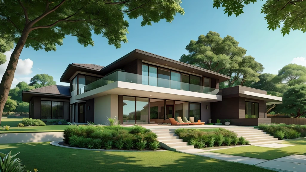 Modern, single-storey, luxurious house., Looks like the letter L, curved,It looks like a room.,medium sized back,beautiful,On the dark green grass,Shady atmosphere,,Daytime,Photo taken from an angle of 45