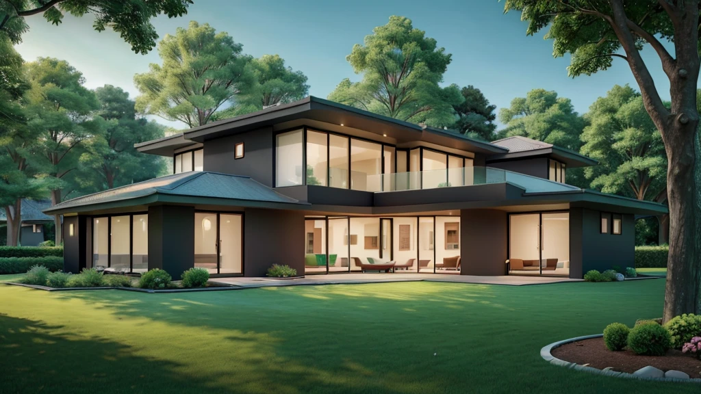 Modern, single-storey, luxurious house., Looks like the letter L, curved,It looks like a room.,medium sized back,beautiful,On the dark green grass,Shady atmosphere,,Daytime,Photo taken from an angle of 45