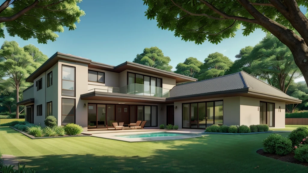 Modern, single-storey, luxurious house., Looks like the letter L, curved,It looks like a room.,medium sized back,beautiful,On the dark green grass,Shady atmosphere,,Daytime,Photo taken from an angle of 45