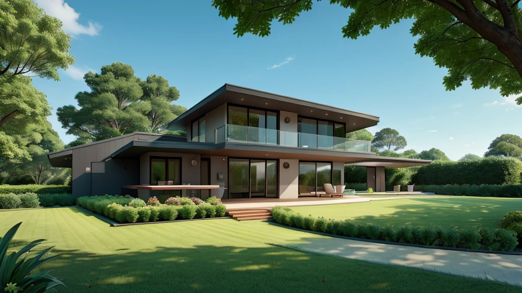 Modern, single-storey, luxurious house., Looks like the letter L, curved,It looks like a room.,medium sized back,beautiful,On the dark green grass,Shady atmosphere,,Daytime,Photo taken from an angle of 45